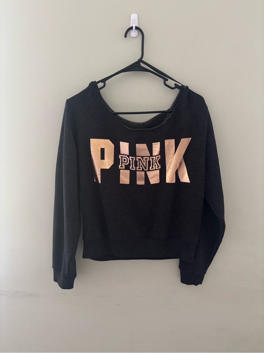 PINK Victoria's Secret Black Off Shoulder Sweatshirt with Rose Gold Logo M